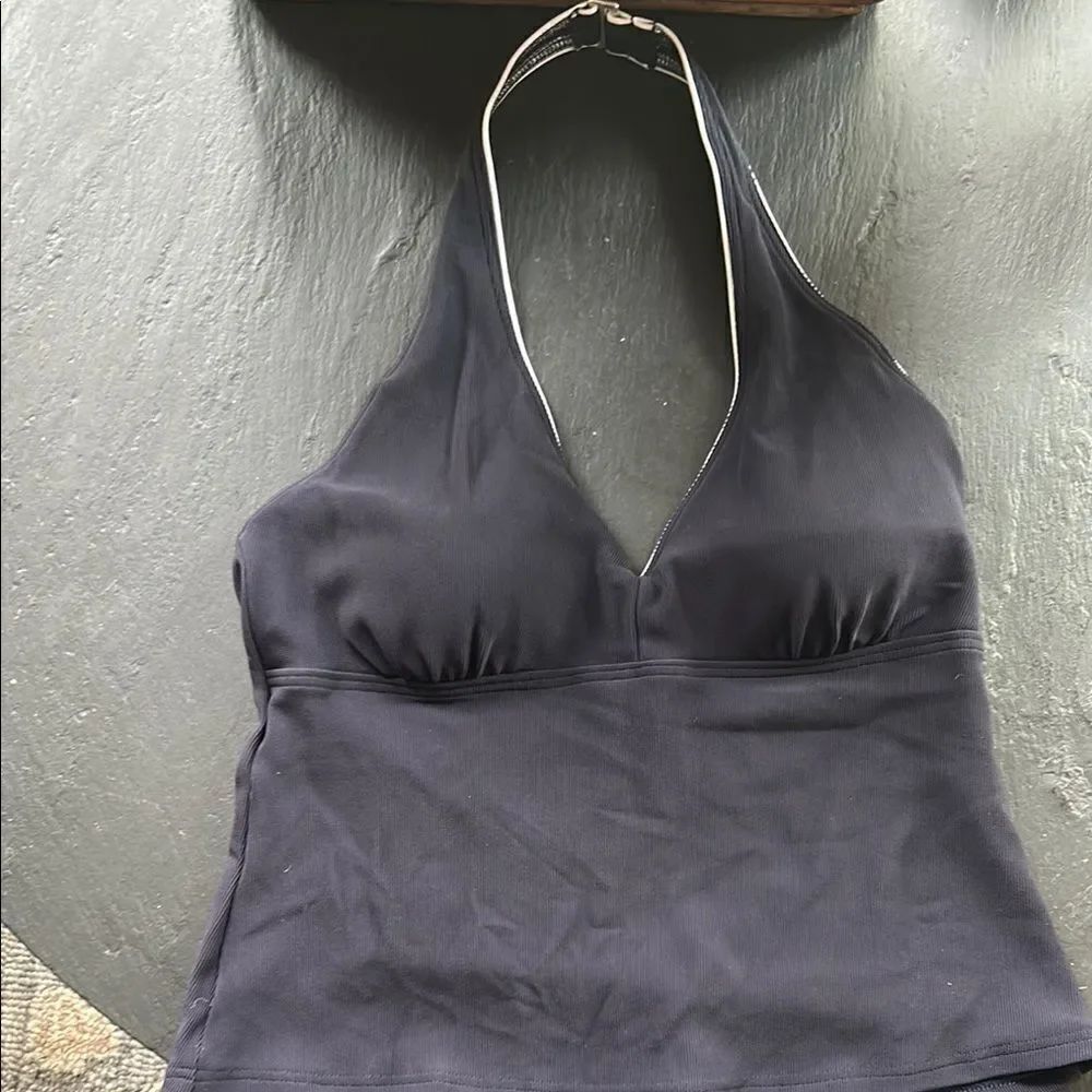 Land's End Plus Size tankini halter Deep V Neck navy blue white piping size 14P